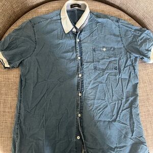 Cortigiani Made in Italy Casual Blue Button-Down Shirt with White Collar